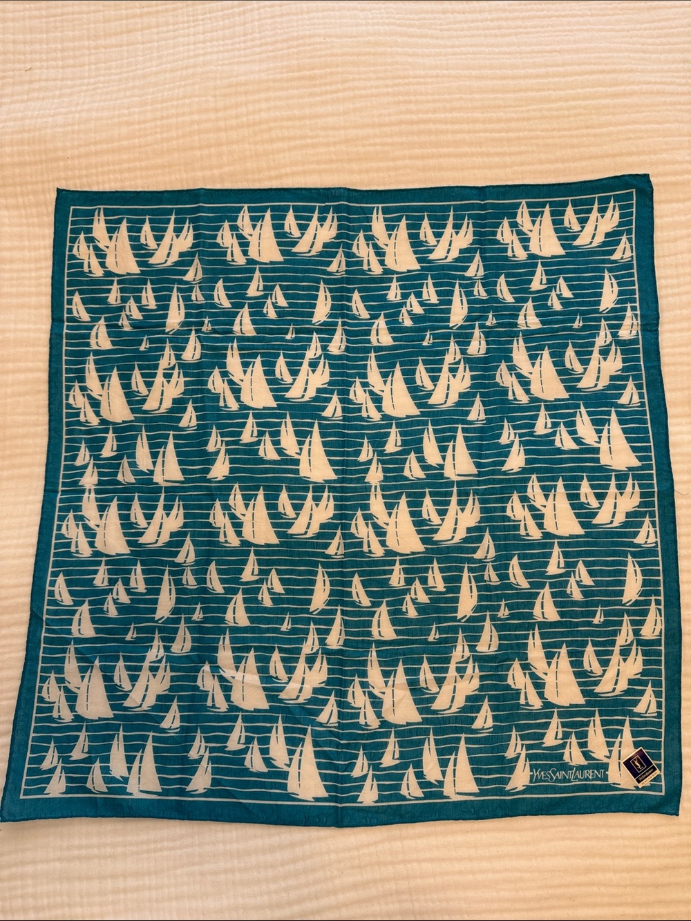 Yves Saint Laurent Teal and White Sailing Motif Silk Scarf Handkerchief